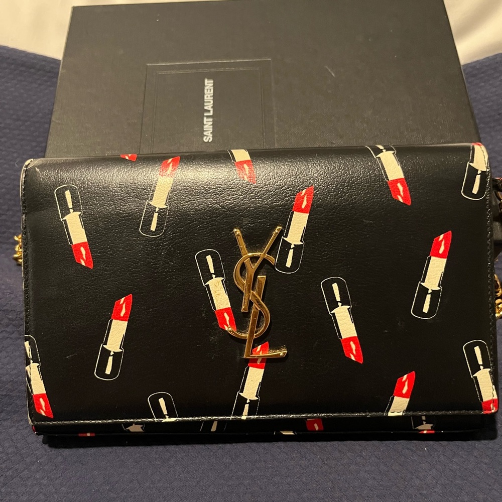 Saint Laurent Chain Wallet in Black, Red and White Lipstick Printed Leather